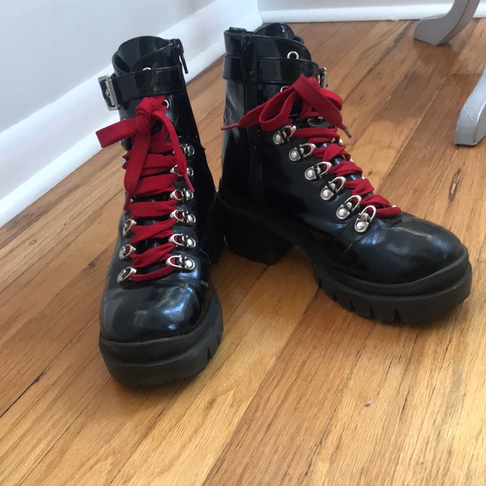 Jeffrey Campbell CZECH Combat platform lug sole boots moto chunk with red laces